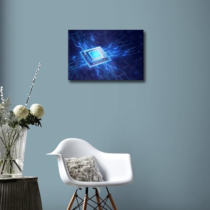 TUMOVO AI Wall Art Painting on Canvas Glowing CPU Bedroom Wall Art Modern Home Decor Computer Chip House Decorations for Living Room Bathroom Pictures Stretched on Wooden Frame, 18x12in