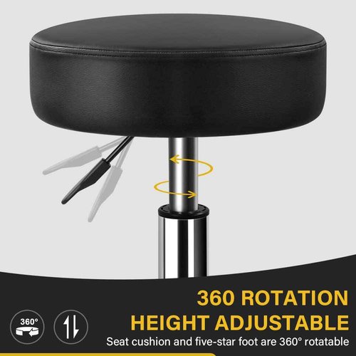 WKWKER Heavy Duty Rolling Stool with Wheels Hydraulic Swivel Adjustable Rolling Stool Ergonomic Thick Leather Seat Chair for Kitchen Drafting Lab Office Salon Massage – Black