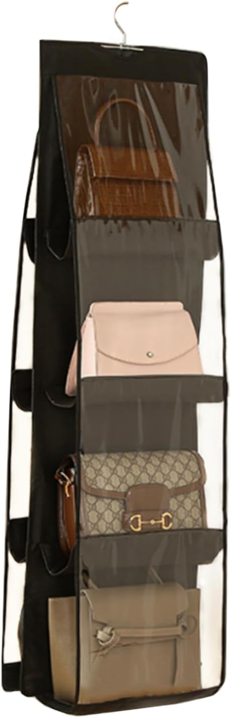 HAN SHENG 8 Pockets Clear Handbag & Purse Organizer Hanging Bag Storage - Space Saving Hanging Shelf for Closet, Wardrobe, Over Door (1 Pack, Black)