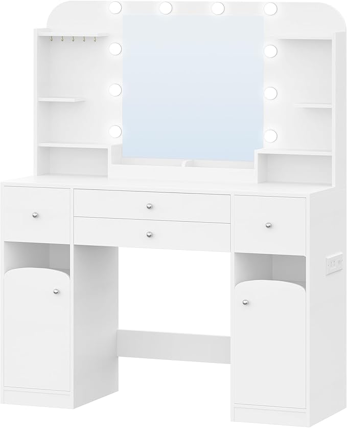 Vanity Desk with Mirror, Makeup Vanity with Led Lights,Dressing Table with Power Strip, 4 Drawers, 42.5'' Large Tabletop, 2 Open Storage Cabinets, with Jewelry Storage, White