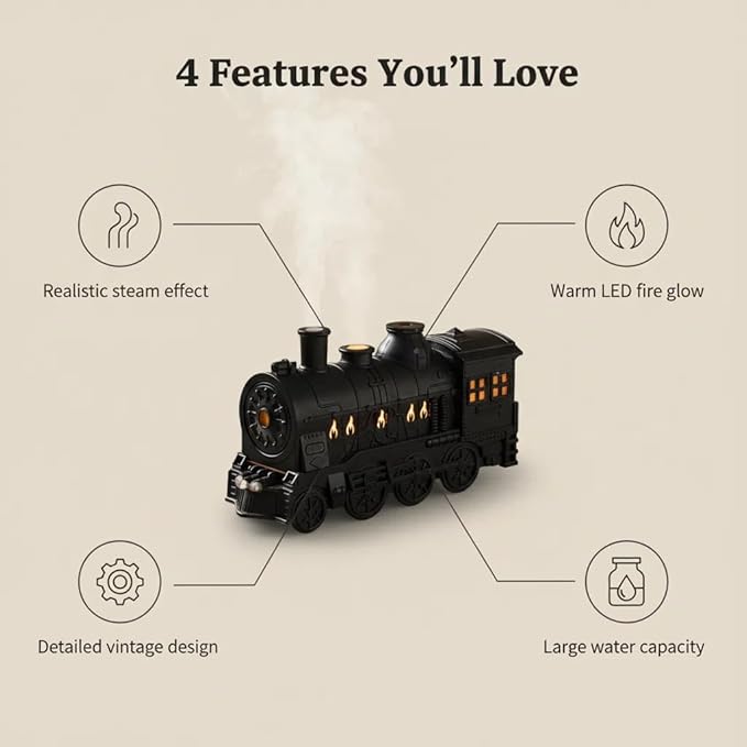 Train Humidifier with Essential Oil Diffuser - 300ML Large Capacity Ultrasonic Dual Mist Output, 4Color LED Night Light with Remote Control, Auto-Off, Ultra Quiet for Bedroom Office Desk (Black)