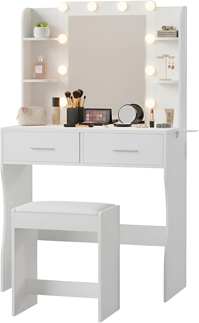 Vanity Desk with Mirror & Light, Makeup Vanity Table with Power Strip, Hair Dryer Holder & 2 Drawers & 3 Open Shelves, 3 Lighting Modes Adjustable Brightness, Dressing Table Set, White