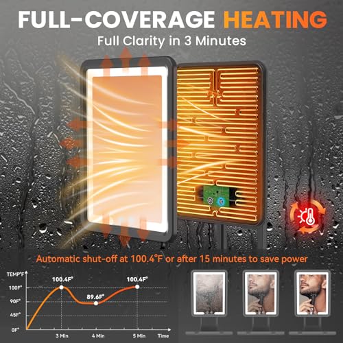 LED Fogless Shower Mirror for Shaving - Heated Fog Free, 3 Dimmable Lights, 360¡Æ Adjustable, Rechargeable - with Storage Tray, Razor & Shaving Brush Holders, Gifts for Men