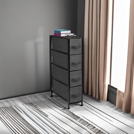 Sorbus Narrow Dresser with 4 Drawers - Vertical Slim Storage Chest of Drawers with Steel Frame, Wood Top & Easy Pull Fabric Bins for Small Spaces, Closets, Bedroom, Bathroom & Laundry (Black/Charcoal)