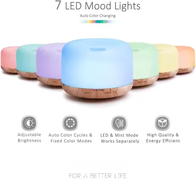 500ml Home/Office Aroma Diffuser, Essential & Fragrant Oil Vaporizer with Multi-Color Lighting for Night Stand, Desk, Table, Remote Control, Timer & Auto-Off Switch, Brown, Premium