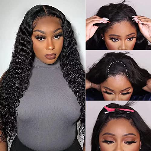 U Part Wigs Human Hair for Black Women Deep Wave Human Hair Brazilian Hair Full Head Clip in Half Wig V Part Glueless Wigs Human Hair Pre Plucked U Shape Wigs (Natural Black, 18 inch)