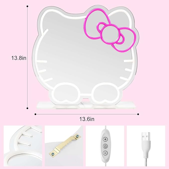 Hello Kit Mirror with Light Neon Signs for Room Decor, USB Powered Cute Cat LED Lights, Teen Girl Best Gift, Makeup Mirror Neon Sign Wall Decor (White)