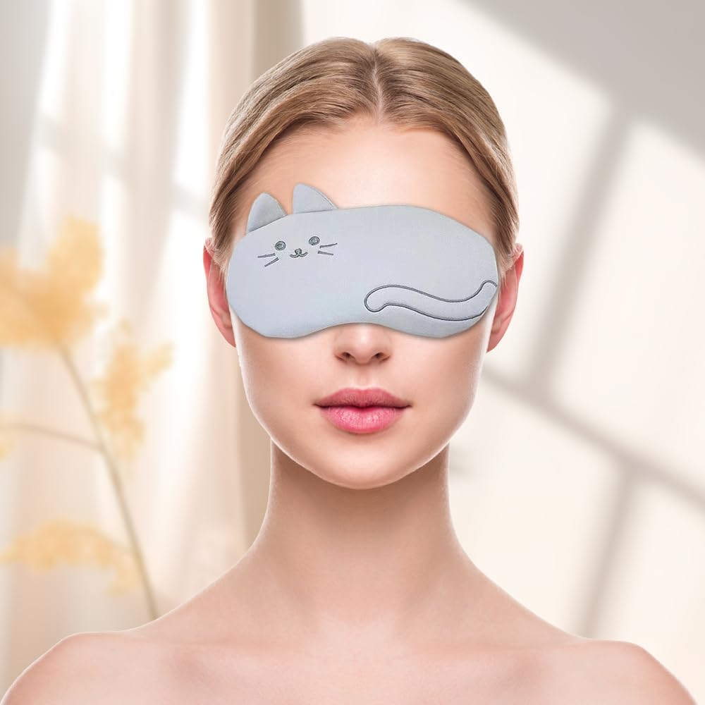 PERFECTSIGHT Kitty Sleep Eye Masks, Cute Plush Sleep Eye Cover Lightweight Adjustable Eyeshade Faux Fur Mask Cover for Women Men Sleep Travel Nap, Grey Cat