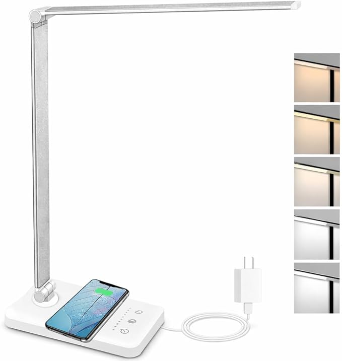 LED Desk Lamp with Wireless Charger & USB Charging Port，Dimmable Table Lamp Reading Lamp for Home Office，5 Color Modes,5 Brightness,Touch Lamp for Study、Office、Bedroom，30/60 Minutes Timer