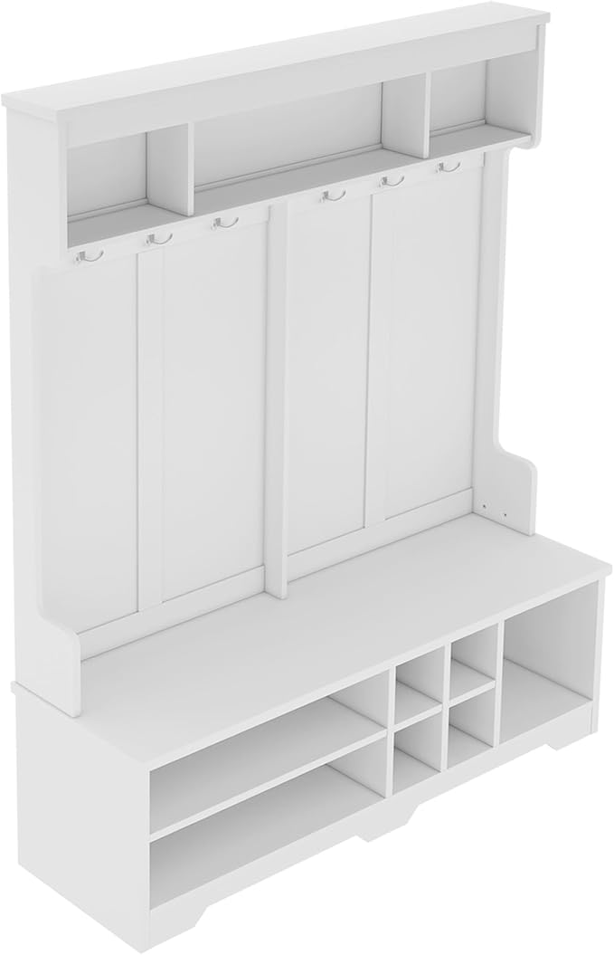Modern Entryway 3-Tier Hall Tree, Coat Rack with Shoe Storage, Bench Seat, 6 Metal Hooks and Open Shelves, for Organized Homes (White)