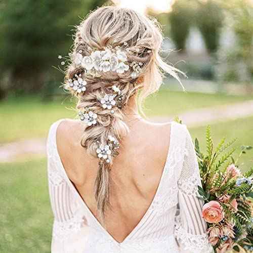 5 PCS Bridal Flower Wedding Hair Pins Crystal Pearl Hair Clips Headpiece Gold Wedding Hair Accessories Jewelry with Rhinestone for Brides Bridesmaids Women Girls Updo (Pure White Flower)