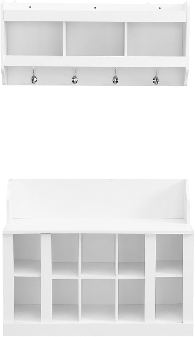 Contemporary Shoe Storage Bench with Wall Mounted Coat Rack, Elegant Hall Tree for Entryway, Mudroom, White
