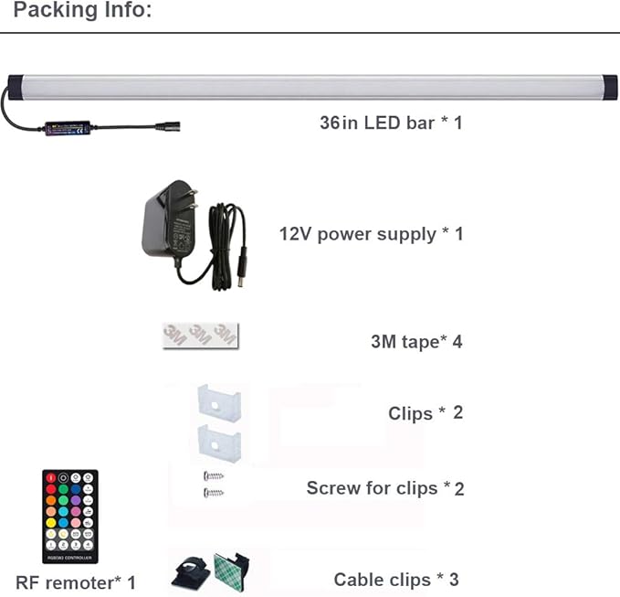 Dimmable Under Cabinet Lighting, RGB LED Light Bar, RF Remote Control Lamp, Multicolor Under Counter Lights for Desk, Room, Cupboard, Hallway, Shelf, Closet (36 Inch)