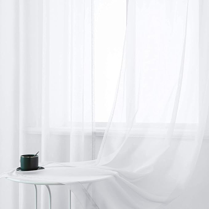 DUALIFE White Sheer Curtains 96 Inches Long Set 2 Panels Grommet Semi Transparent Drape Tulle Gauze Voile Window Sheer Curtains for Bedroom Living Room Dining Wide 52 Length Solid Color