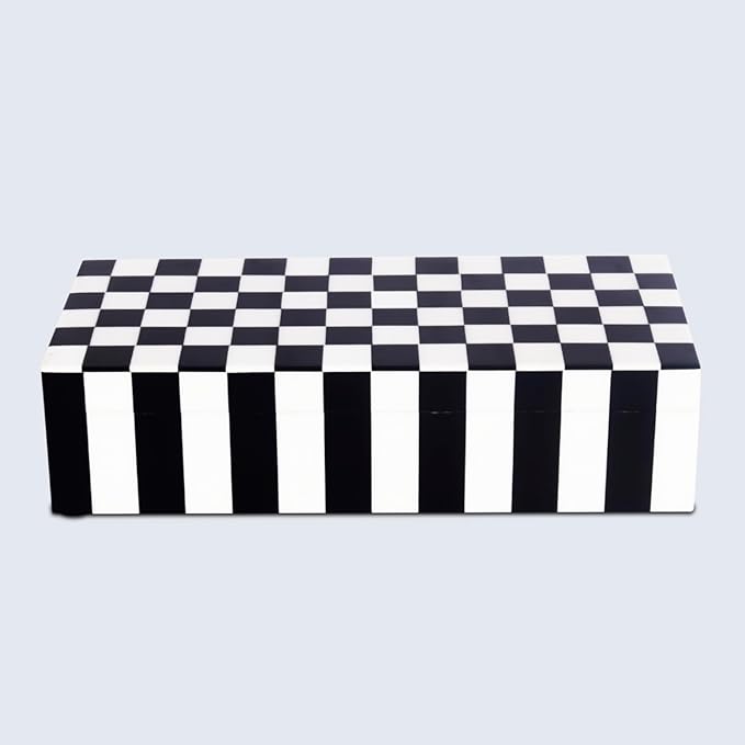 Handicrafts Home Decorative Storage Box with Lid, Black and White Decorative Remote Holder Box, Coffee Table Storage Box for Living Room, Console Table & Shelf Decor, Puzzle Check - 10 x 6 x 2.5