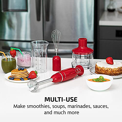 OVENTE Immersion Hand Blender, 300W Electric Handheld Portable Stick Mixer Set with 2 Mixing Speed, Stainless Steel Blades, Egg Whisk Attachment, Mixing Beaker and BPA-Free Food Chopper, Red HS565R