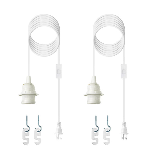 Zarnicy Plug in Light Socket - 16Ft Pendant Light Cord Kit E26/E27 Light Socket Hanging Lantern Lamp Cord with On/Off Switch,Socket Rings, 2 Pack, White