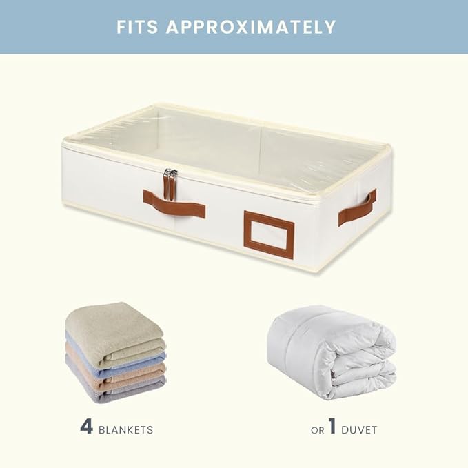 OrganiHaus Under Bed Storage Containers, Bedroom Storage and Organization Bins, Clothes Organizer for Closet with Clear Cover and Reinforced Handles - Set of 2 23.5x12.5x5 inches Off-White
