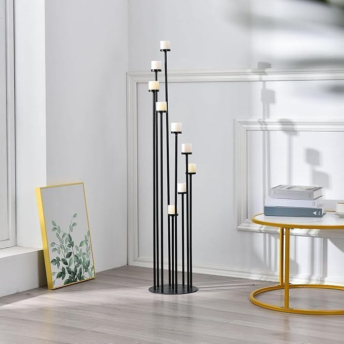 Set of 10 Black Floor Candle Holders,9 Arm Candelabra for Home Decoration,Halloween Christmas Day, Weddings, Dinner Parties Formal Events(Candle Excluded)