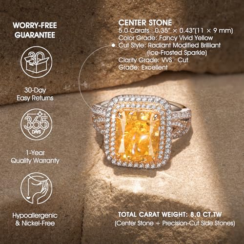 GONA 5CT Yellow Diamond Ring Radiant Cut 11×9MM VVS Fancy Vivid Yellow Statement Ring, Tarnish-Resistant Silver Gold-Plated Halo, Luxury Jewelry Gift for Engagement, Anniversary, Cocktail or Promise