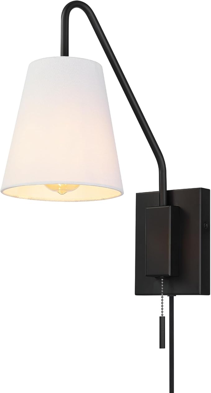 Globe Electric 65000043 1-Light Plug-in or Hardwire Wall Sconce, Matte Black, White Fabric Shade, Swing Arm, 6ft Black Braided Fabric Cord, On/Off Pull Chain, Wall Lights for Living Room, Home Décor