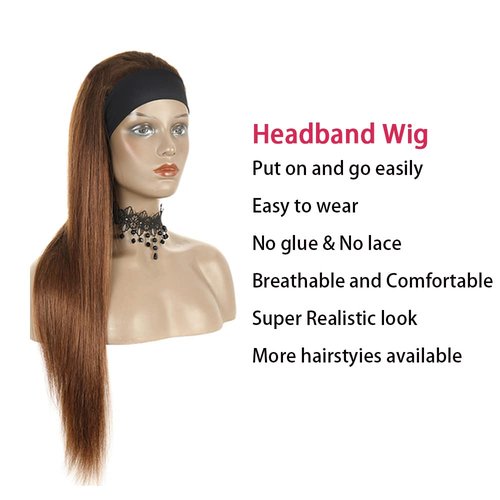Ombre 1B30 Straight Headband Wig Brown Human Hair Wig Dark Root 130% Density Brazilian Virgin Hair Machine Made Wigs for Women Dark Brown Color 22 Inch