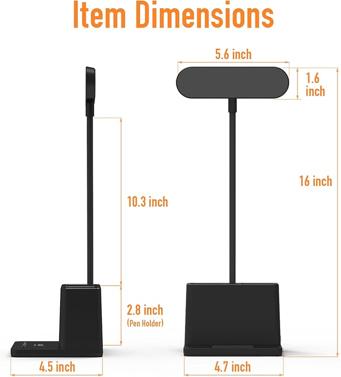 AXX Black LED Desk Lamp for Home Office Bedroom, Battery Operated Table Light for Computer Desktop, Small, Cute, Dimmable, Rechargeable, Flexible Gooseneck, Pen Holder, Phone Mount, Touch Control