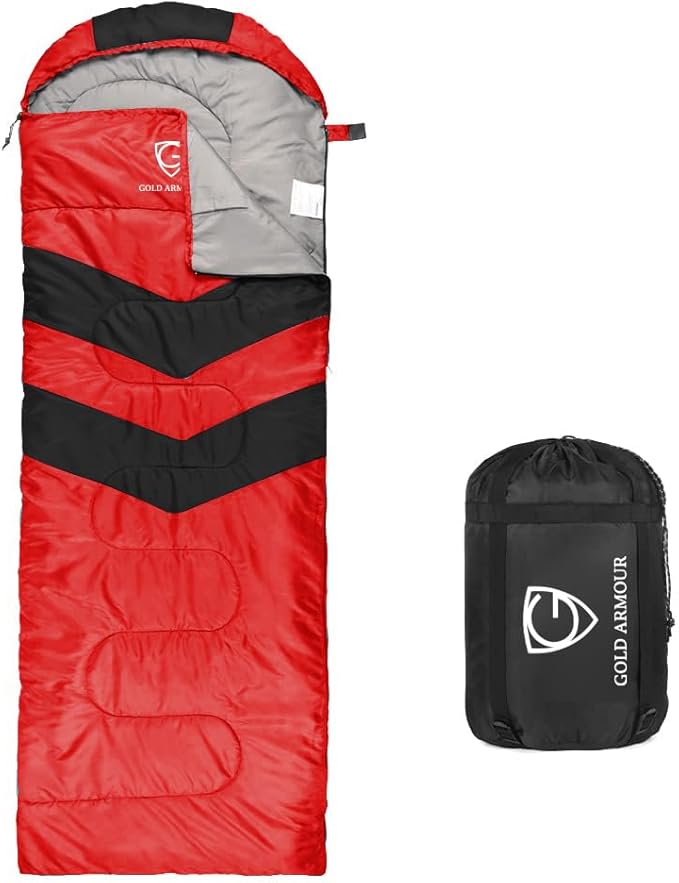 Gold Armour Sleeping Bags for Adults Cold Weather & Warm - Backpacking Camping Sleeping Bag for Kids 10-12, Girls, Boys - Lightweight Compact Camping Essentials Gear Accessories, Left Zipper