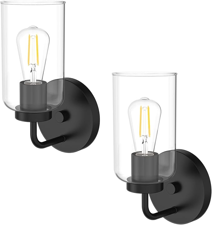 Zevluck Wall Sconces Set of 2, Modern Wall Light Fixtures with Clear Glass Shade, Matte Black Bathroom Vanity Light, Hardwired Vanity Wall Lamps for Bathroom, Bedroom, Living Room, Stairs, Hallway