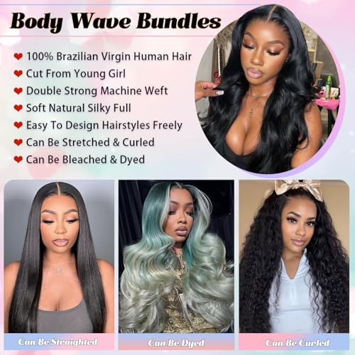 12A Human Hair Bundles 20 22 24 Inch 3 Bundles Body Wave 100% Unprocessed Brazilian Virgin Weave Quick Human Hair Bundles for Black Women Natural Black