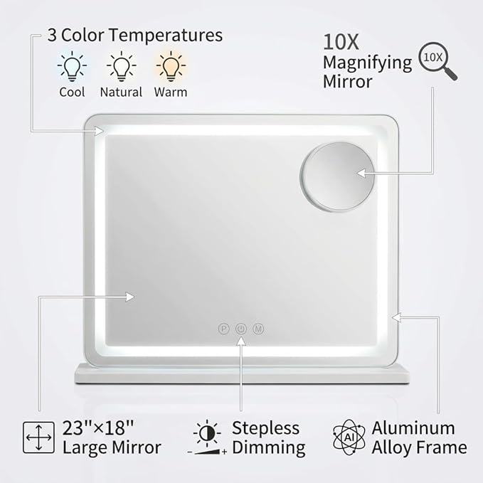Vanity Mirror with Lights 18"x23", Lighted Makeup Mirror with 3 Color Lighting Modes, 10X Magnification, Vanity Mirror Square White for Bedroom Tabletop - White