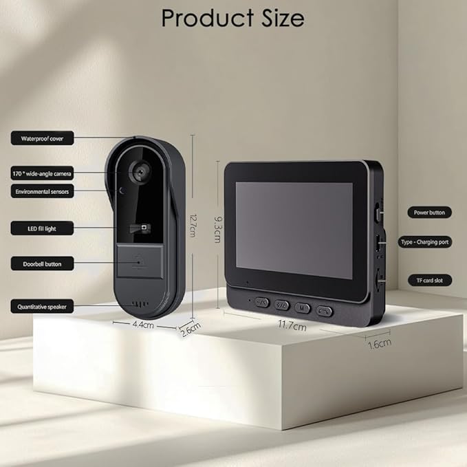 Wireless Doorbell Camera No Subscription with 4.3" Monitor,Waterproof 1080P Video Intercom No WiFi/App Needed, 170° Wide Angle Door Bell with Night Vision, Local Recording for Home/Apartment/Seniors