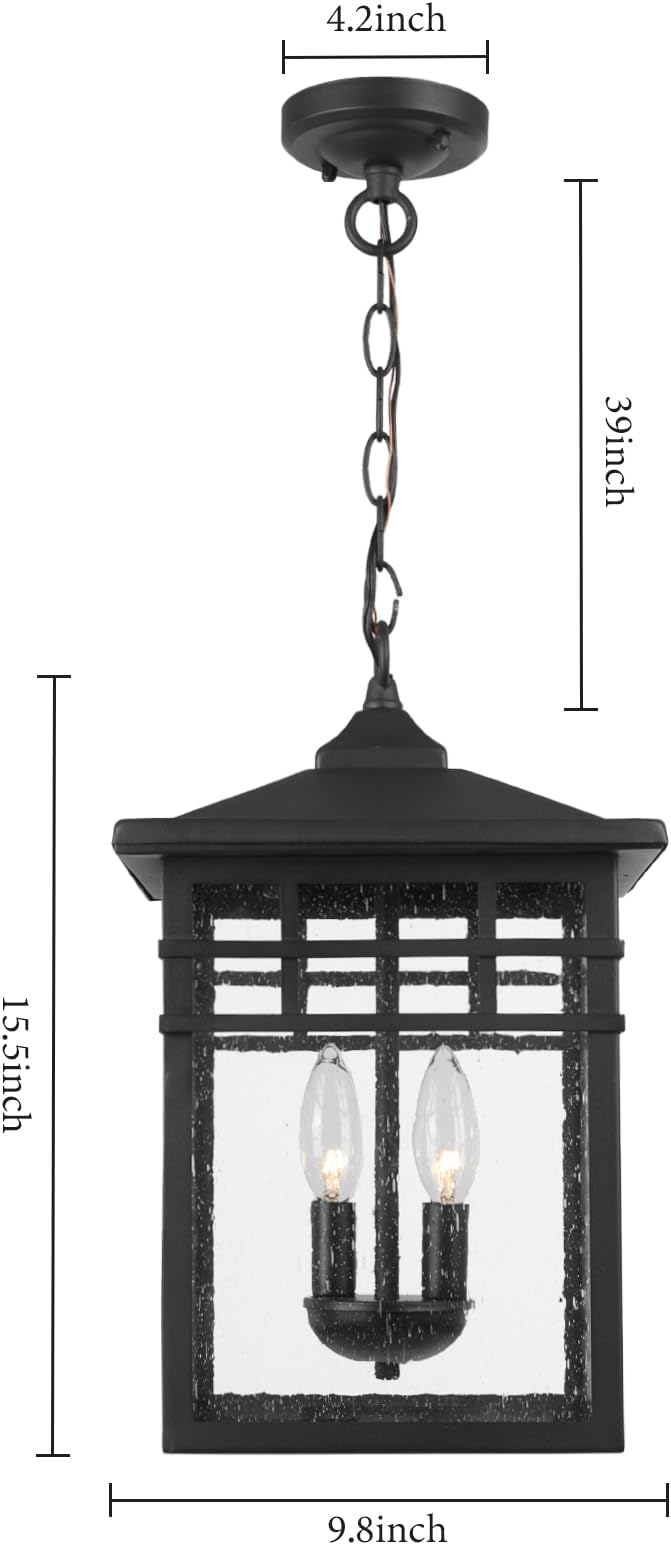 Outdoor Pendant Light Lantern for Front Porch, 10 Inch Large Black Exterior Hanging Chandelier Light Fixtures with Seeded Glass Shade for Patio, Garden, Backyard, Garage, Gazebo, Entryway