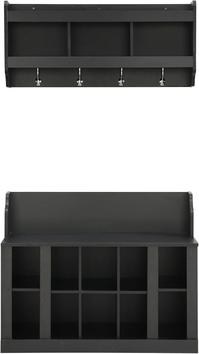 Hall Tree Entryway Coat Rack Shoe Storage Bench with Shelves and 4 Hooks, Modern Elegant Hall Tree with Wall Mounted Coat Rack, Entryway Organizer for Entryways, Mudroom (Black)