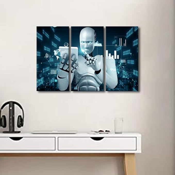 AI Intelligence Pictures for Living Room Wall Decor Banquet Art Prints Robot Paintings 3 Pieces Canvas Wall Art Robot Canvas Prints Framed Wall Art Ready to Hang, 36" Wx24 H