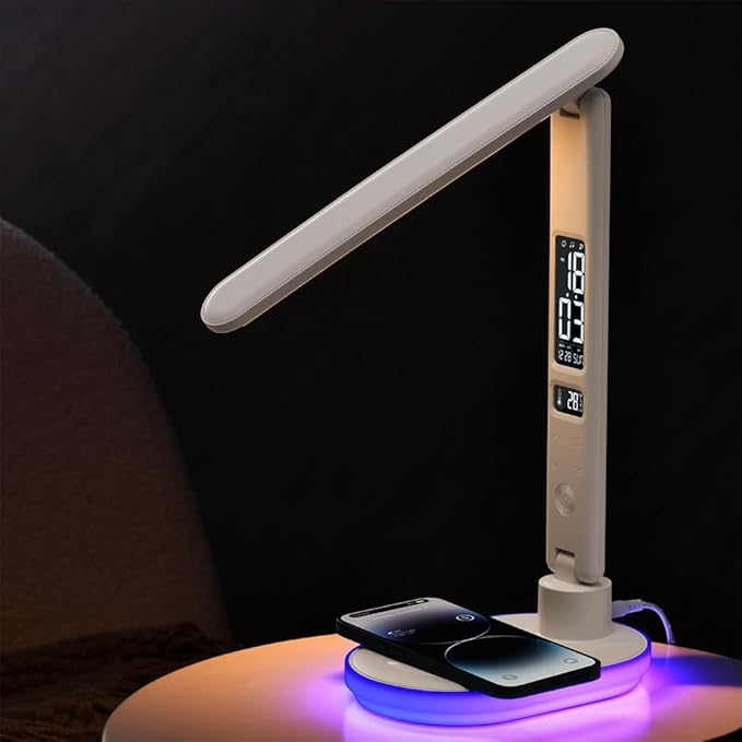AYI 5IN1 Multifunctional LED Desk Lamp15W Qi Wireless Charger Digital Alarm Clock Ambient Light & Temperature Display Adjustable Eye-Care Table Lamp with Leather Texture Design Table Lamp-U20 White