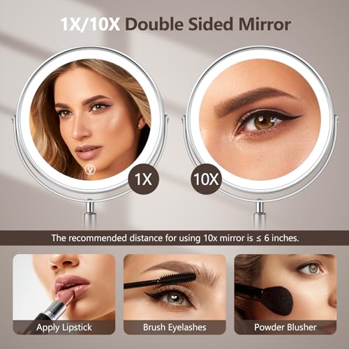 Lighted Makeup Mirror, Rechargeable Height Adjustable Double Sided, 1x/10x Magnifying with 3 Color, Brightness Adjustable, 360¡Æ Rotation Vanity, Gift for Women