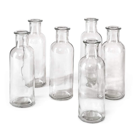 Serene Spaces Living Clear Glass Bud Vases – Vintage Apothecary Jars, Decorative Bottles for Weddings, Antique-Style Centerpieces, and Flower Arrangements - Set of 6 (6.5" Tall & 2"" Diameter)"
