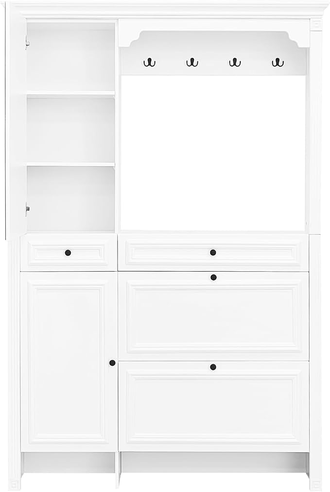 54.7'' Hall Tree with Integrated Shoe Cabinet and Mirrored Cabinet Door, Coat Hanger, Entryway Bench, 4 Hooks and 2 Cabinets, 4-in-1 Design Hall Tree with 2 Flip Drawers for Entrance, Living Room