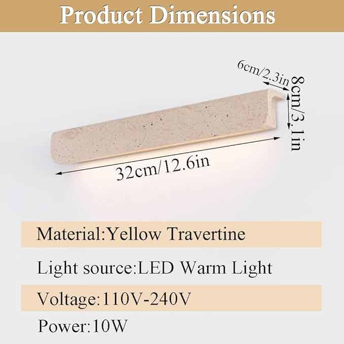 12.6 Inch Yellow Travertine Wall Light, Indoor Outdoor Interchangeable Wall Lamp, Wabi Sabi Style Wall Sconce, Dining Room Bedroom Living Room Wall Mounted Lighting Fixtures