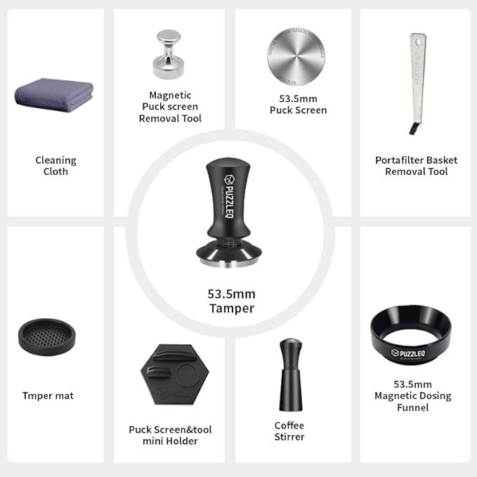 54mm Espresso Accessories Kit, Spring Loaded Calibrated Tamper,mat，WDT Tool，Dosing Funnel，Puck Screen kit，Basket Removal Tool ，Cleaning ClothSet,Fits 54mm Breville Espresso Coffee Machines (54MM)