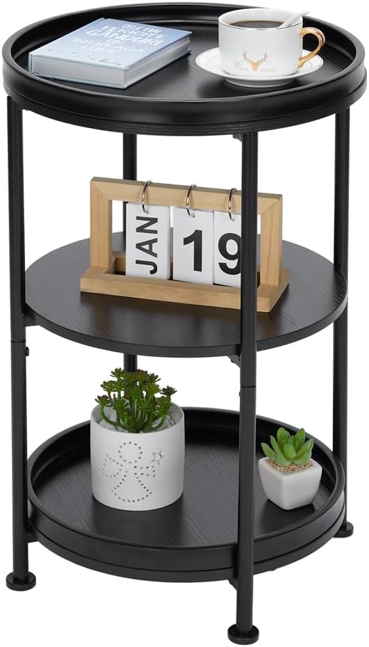 Dulcii Side Table, Round End Table with 3 Shelves for Living Room, Bedroom, Nightstand with Steel Frame for Small Spaces, Industrial Round Sofa Table, Outdoor Accent Coffee Table, Black