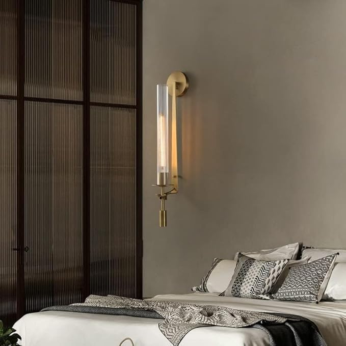 LIGHTLAND Gold Wall Sconces Set of 2, 28 Inch Modern Metal Glass Wall Light Fixture, Wall Lamp for Living Room Bedroom Hallway