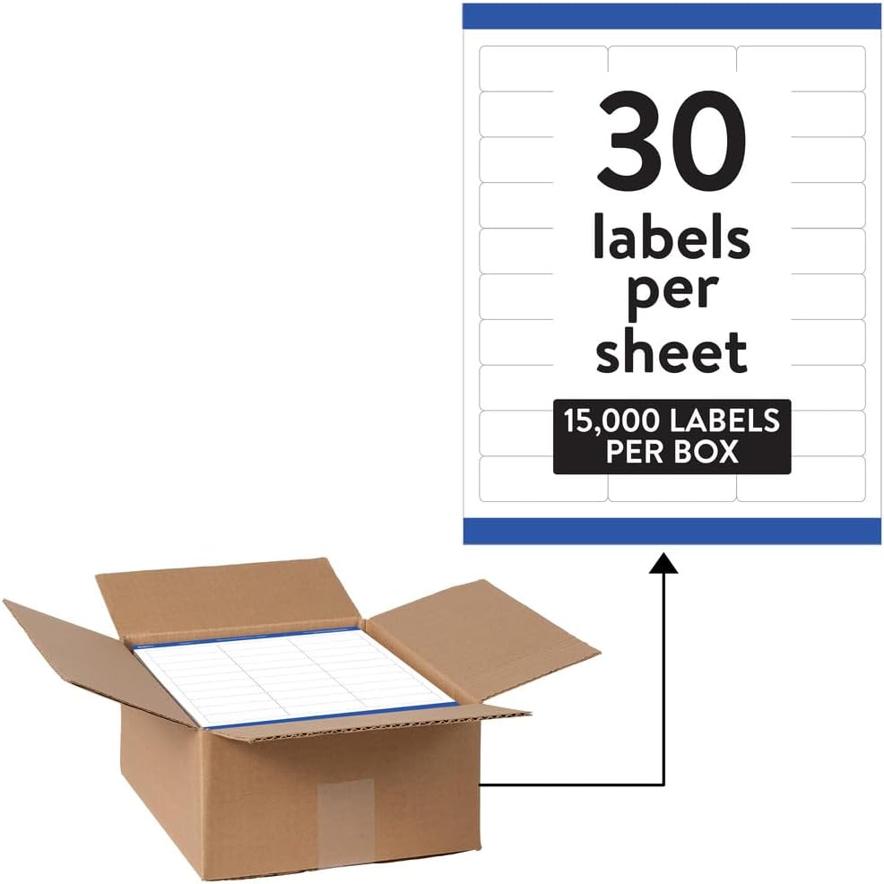 Avery Waterproof Sticker Labels for Printer - 1"x2-5/8" Mailing Labels, Ultrahold Permanent Adhesive, Laser Printers, 15,000 Printable Avery Address Label Sheets (95520)