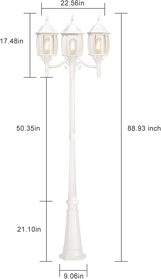 Dusk to Dawn Sensor Outdoor Lamp Post Light 3-Head, Classic White Light Pole with Clear Glass Panels (3 LED Bulbs Included, Max.100W), Waterproof Outside Street Light for Backyard, Garden, Driveway