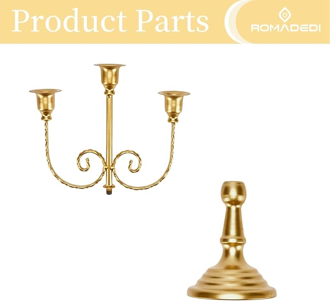 Romadedi Candelabra Gold Candle Holders - 3 Arm 11.8" Wedding Candlestick Holder for Theme Party Table Centerpiece Decor Dining Room Birthday Holiday Christmas, Set of 6
