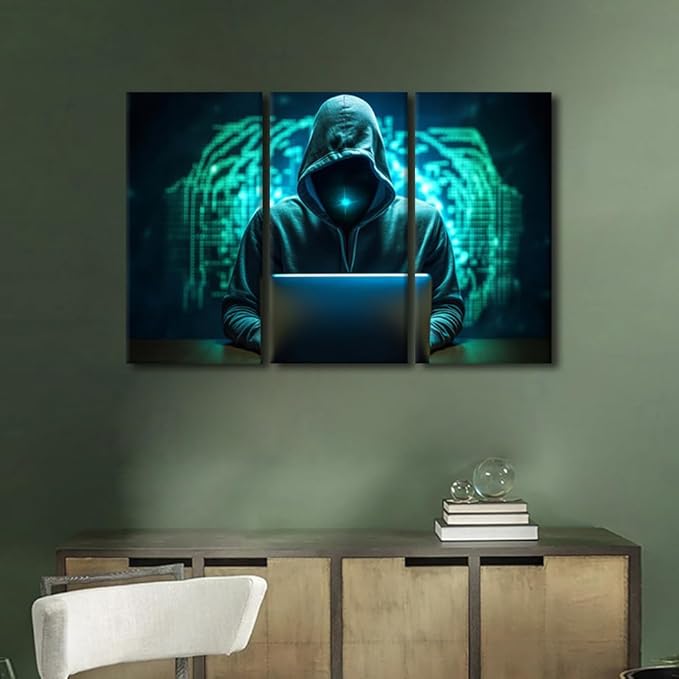 3 Pieces Wall Art AI Big Data Pictures Canvas Print Hacker Malware Artwork for Home Walls Framed Wall Art Data Paintings Giclee Gallery-wrapped Framed Ready to Hang, 42" Wx28 H