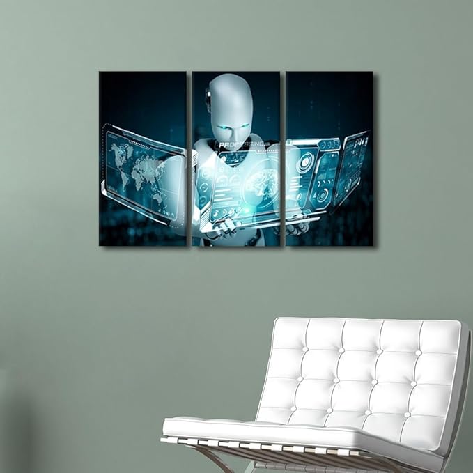 TUMOVO 3 Pieces Wall Art - AI Intelligence Canvas Prints Big Data Analysis Posters Canvas Print Modern Artwork Room Wall Decorations Robot Paintings Stretched and Framed Ready to Hang, 36" Wx24 H