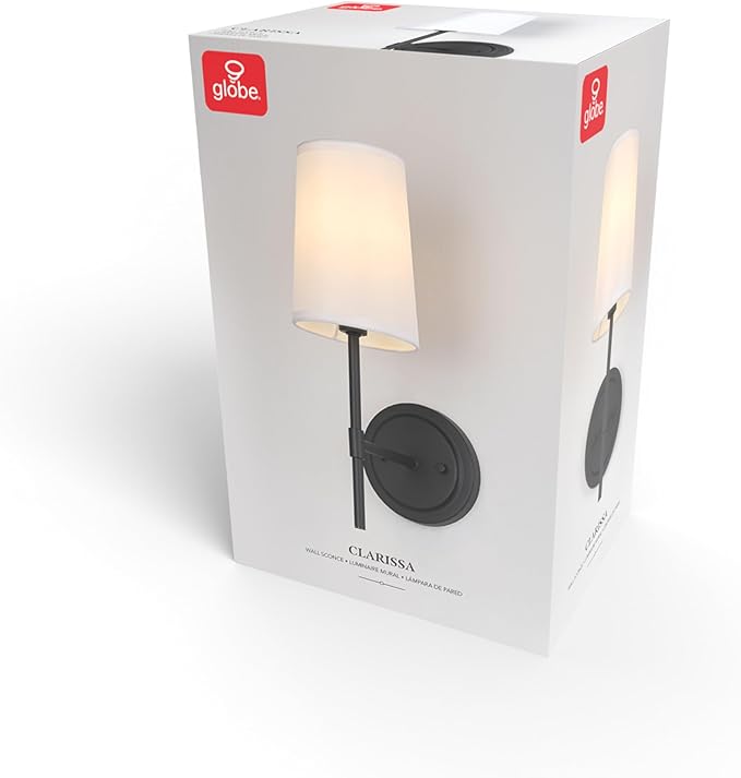 Globe Electric 51859 1-Light Wall Sconce, Matte Black, White Fabric Shade, Wall Lighting, Wall Lamp Dimmable, Wall Lights for Bedroom, Kitchen Sconces Wall Lighting, Home Décor, Bulb Not Included