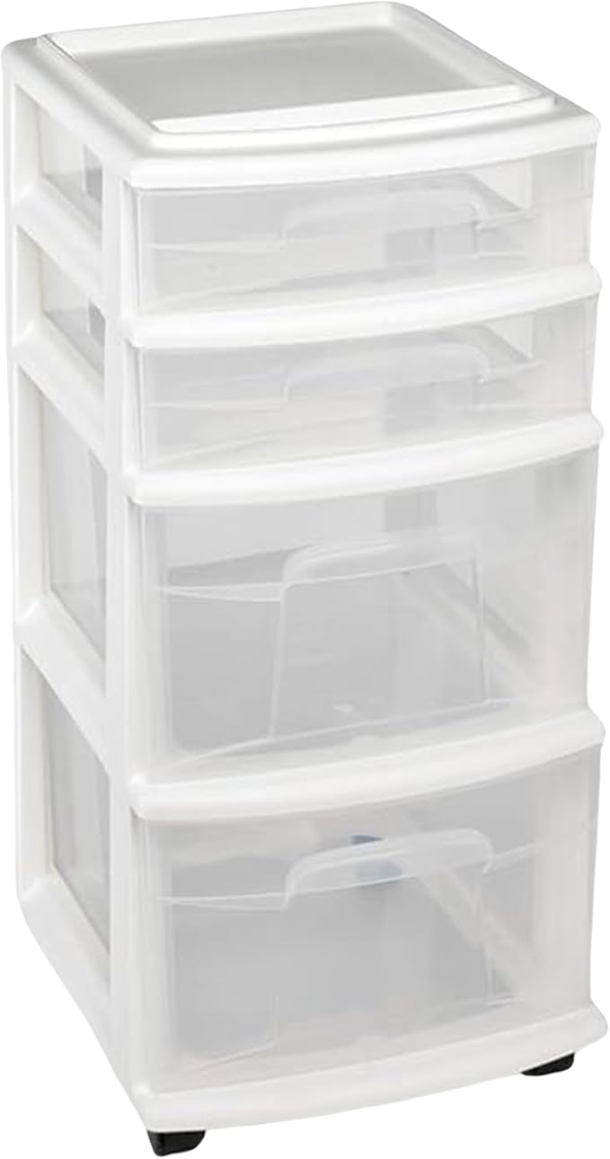 HOMZ Drawer Tower, 4-Tier Clear Plastic Storage Organizer Cart, White Frame – Rolling Containers with Wheels for Bathroom, Bedroom, Office, and Classroom Organization